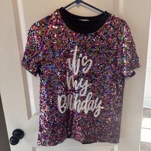 Women’s Why Dress Sequin Rainbow It’s My Birthday T Shirt Size Medium